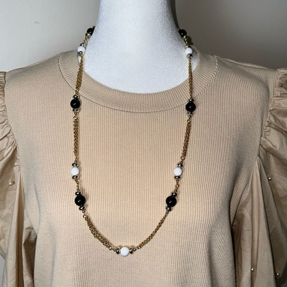 WORTHINGTON Gold Tone Triple Strand Gold Tone White Black Silver Beaded Necklace
